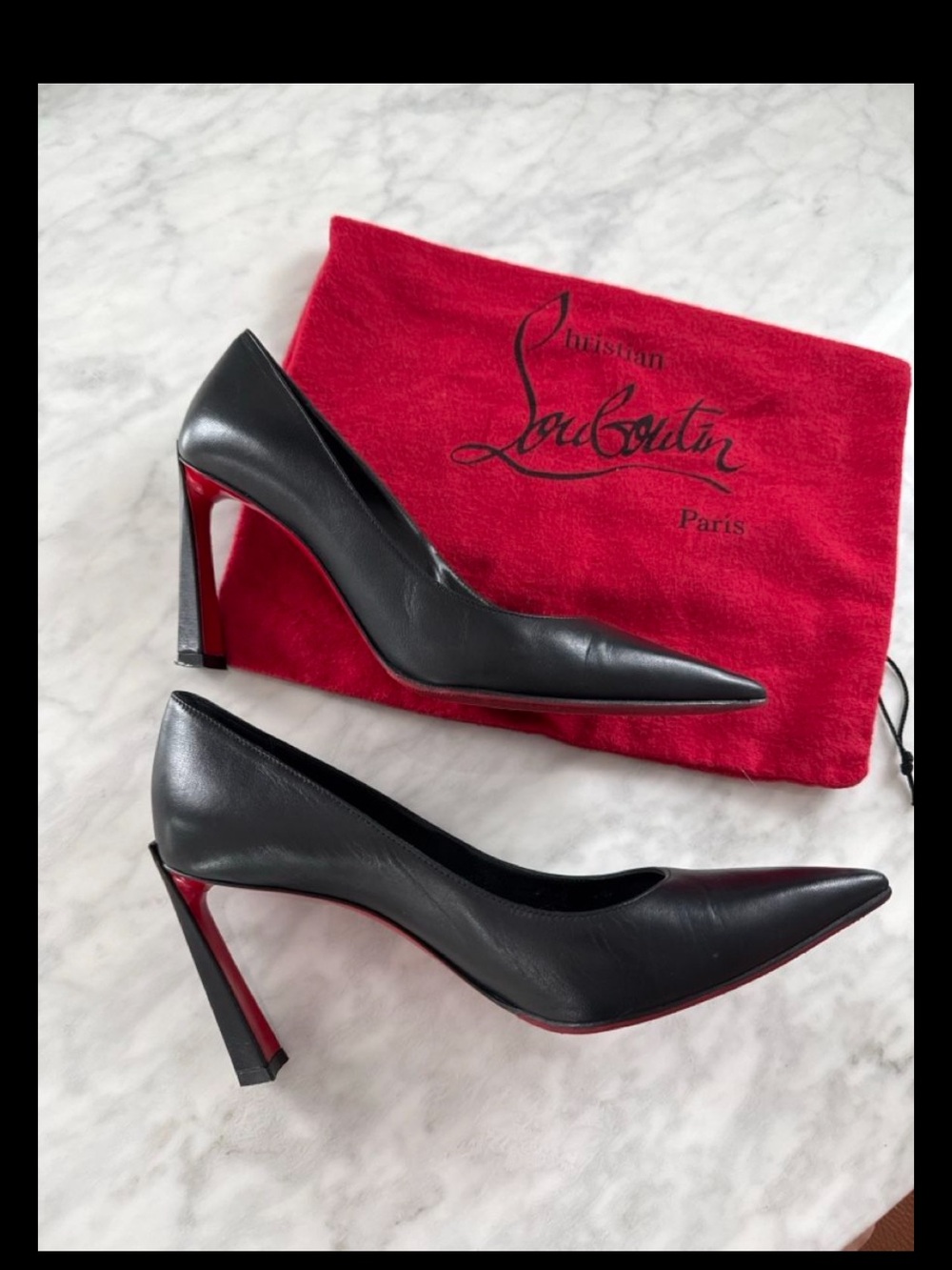 Christian Louboutin Black Leather Pointed Pumps with Red Sole - 3 1/2" Heel